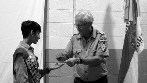 Sheri Samson Diego Pittman receives his Silver Badge from Scout Master Jim Pruss at the Troop 75 Court of Honor.